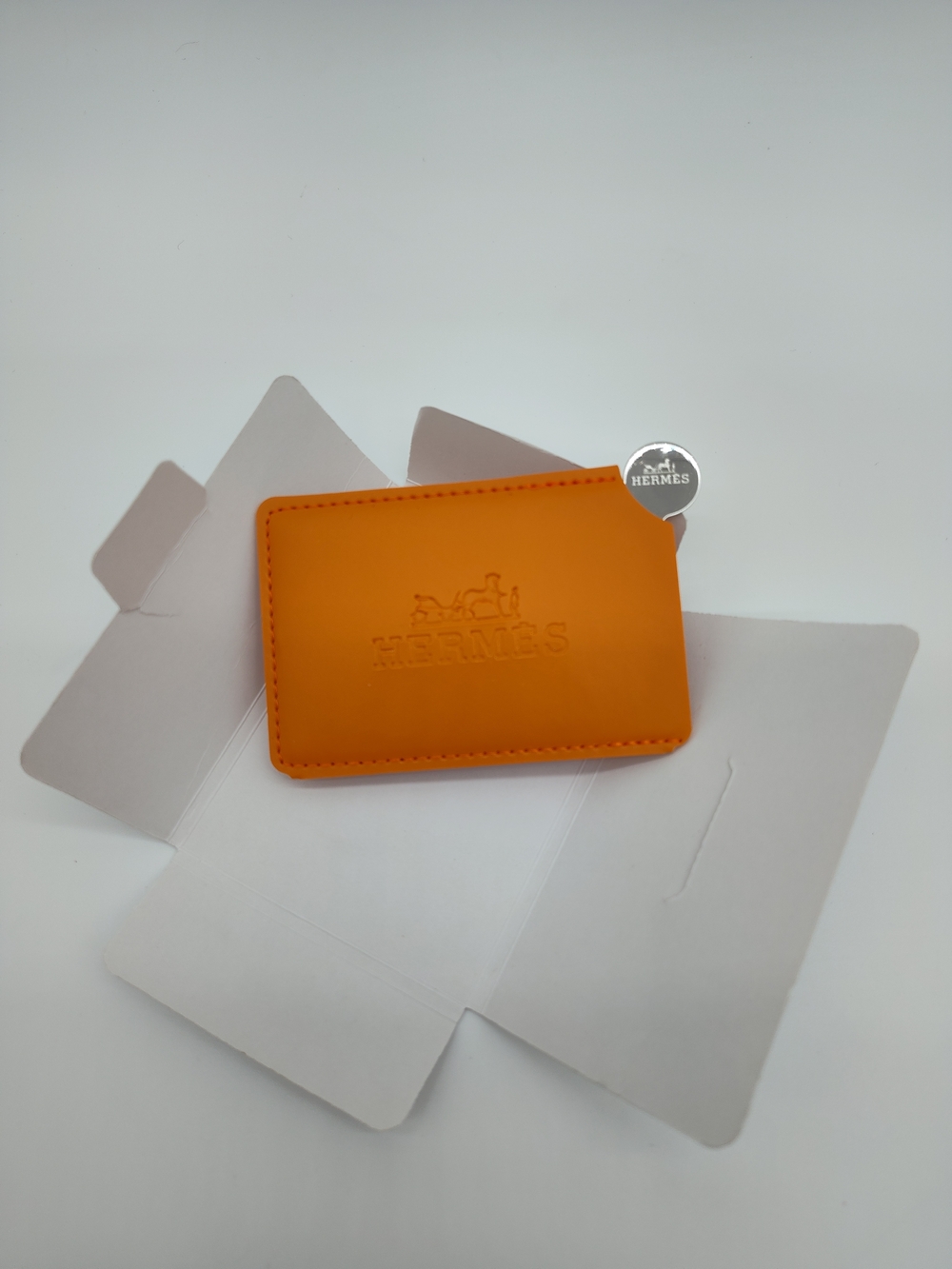 HERMÈS Orange Leather Card Holder Minimalist Slim Pocket Wallet Stainless Mirror